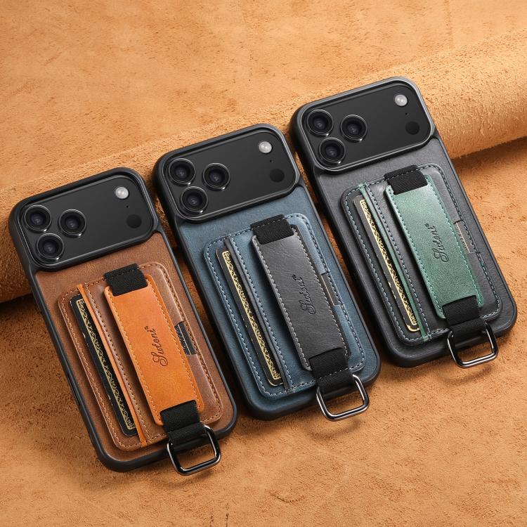For iPhone 16 Plus Suteni H13 Card Wallet Wrist Strap Holder PU Phone Case(Brown) by Suteni