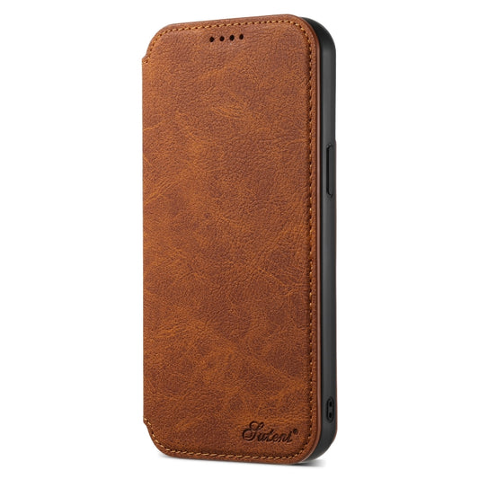 For iPhone 15 Plus Suteni J06 Retro Matte Litchi Texture Leather MagSafe Phone Case(Khaki) by Suteni