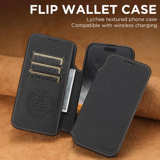 For iPhone 17 Suteni J06 Retro Matte Litchi Texture Leather MagSafe Phone Case(Black) by Suteni