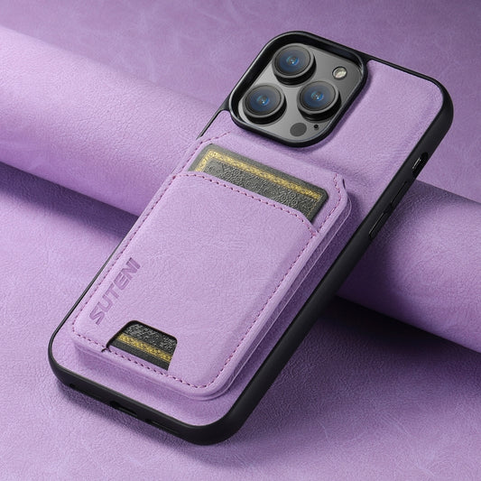 For iPhone 15 Suteni H02 Litchi Leather Card Wallet Stand Back Phone Case(Purple) by Suteni