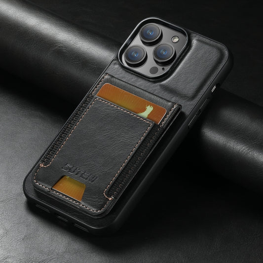 For iPhone 12 Pro Max Suteni H03 Oil Wax Leather Wallet Stand Back Phone Case(Black) by Suteni