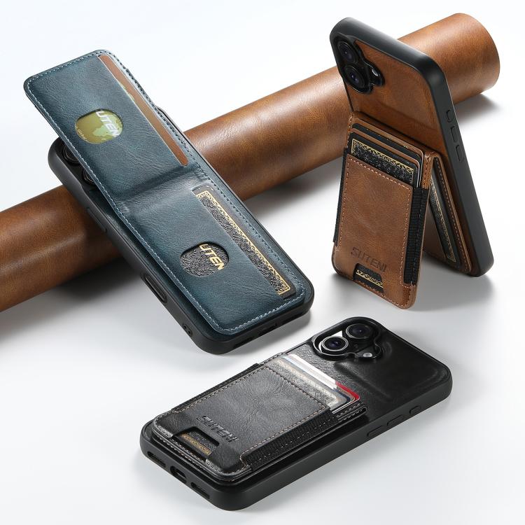 For iPhone 15 Pro Max Suteni H03 Oil Wax Leather Wallet Stand Back Phone Case(Blue) by Suteni