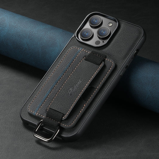 For iPhone 14 Suteni H13 Litchi Leather Wrist Strap Wallet Back Phone Case(Black) by Suteni