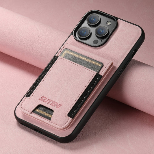 For iPhone 15 Pro Max Suteni H03 Litchi Leather Card Bag Stand Back Phone Case(Pink) by Suteni