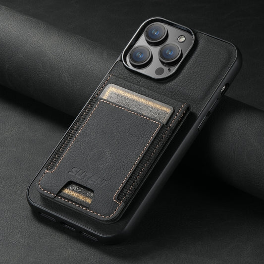 For iPhone 15 Suteni H03 Litchi Leather Card Bag Stand Back Phone Case(Black) by Suteni
