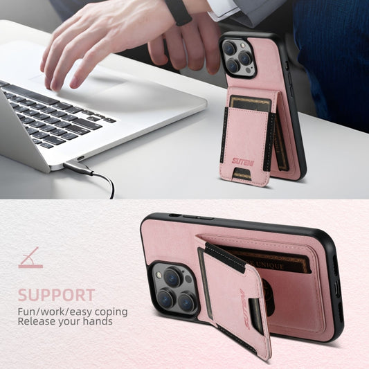 For iPhone 16 Plus Suteni H03 Litchi Leather Card Bag Stand Back Phone Case(Pink) by Suteni