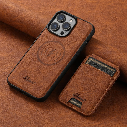 For iPhone 15 Suteni H17 Litchi Texture Leather MagSafe Detachable Wallet Phone Case(Khaki) by Suteni