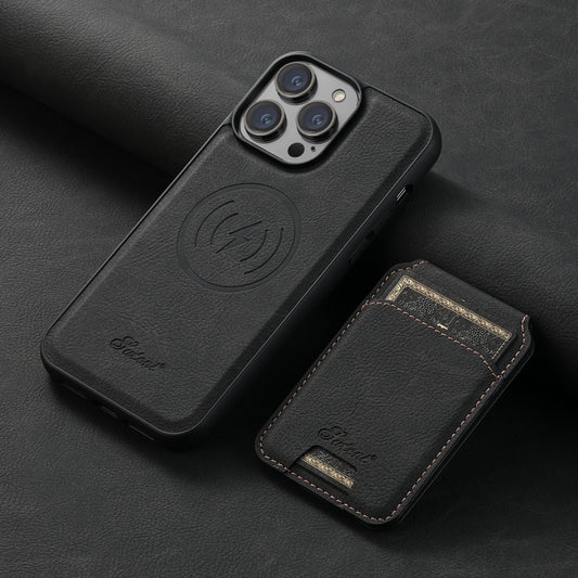 For iPhone 13 Suteni H17 Litchi Texture Leather MagSafe Detachable Wallet Phone Case(Black) by Suteni