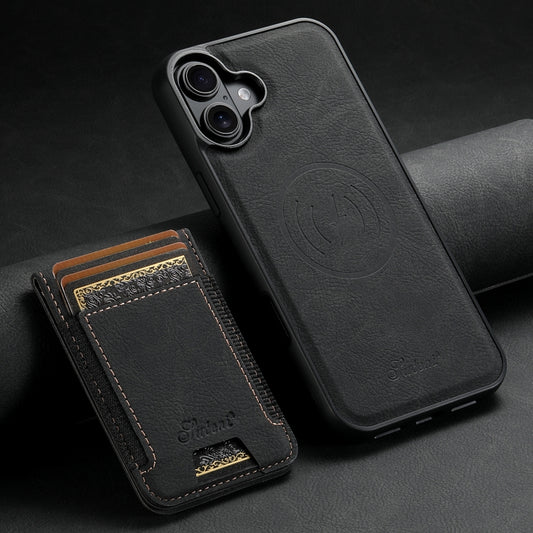 For iPhone 16 Suteni H17 Litchi Texture Leather MagSafe Detachable Wallet Phone Case(Black) by Suteni