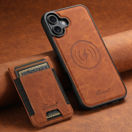 For iPhone 16 Suteni H17 Litchi Texture Leather MagSafe Detachable Wallet Phone Case(Khaki) by Suteni