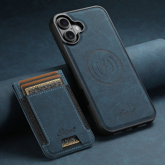 For iPhone 16 Suteni H17 Litchi Texture Leather MagSafe Detachable Wallet Phone Case(Blue) by Suteni