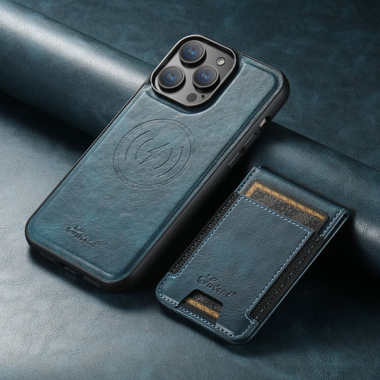 For iPhone 15 Plus Suteni H17 Oil Eax Leather MagSafe Detachable Wallet Phone Case(Blue) by Suteni