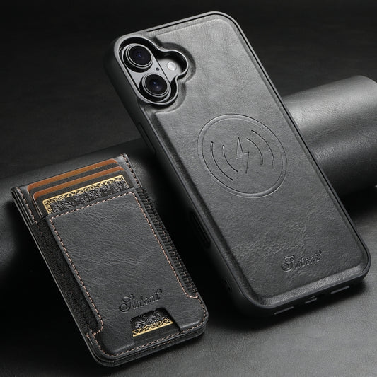 For iPhone 16 Suteni H17 Oil Eax Leather MagSafe Detachable Wallet Phone Case(Black) by Suteni