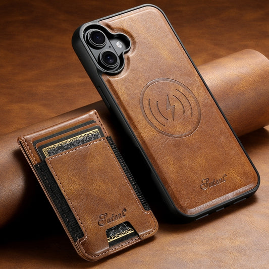 For iPhone 16 Suteni H17 Oil Eax Leather MagSafe Detachable Wallet Phone Case(Brown) by Suteni