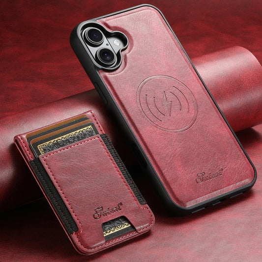 For iPhone 16 Suteni H17 Oil Eax Leather MagSafe Detachable Wallet Phone Case(Red) by Suteni