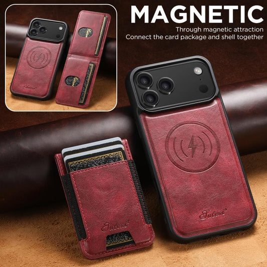 For iPhone 17 Pro Suteni H17 Oil Eax Leather MagSafe Detachable Wallet Phone Case(Red) by Suteni