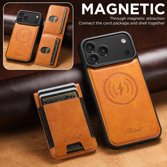For iPhone 17 Pro Suteni H17 Oil Eax Leather MagSafe Detachable Wallet Phone Case(Khaki) by Suteni