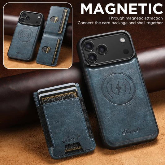 For iPhone 17 Pro Suteni H17 Oil Eax Leather MagSafe Detachable Wallet Phone Case(Blue) by Suteni