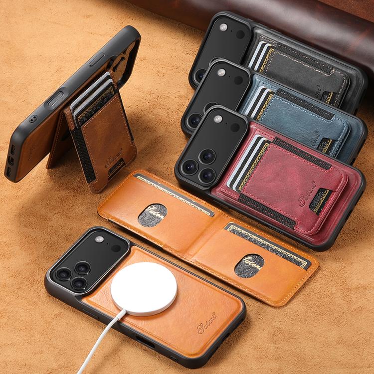 For iPhone 13 Pro Suteni H17 Oil Eax Leather MagSafe Detachable Wallet Phone Case(Khaki) by Suteni