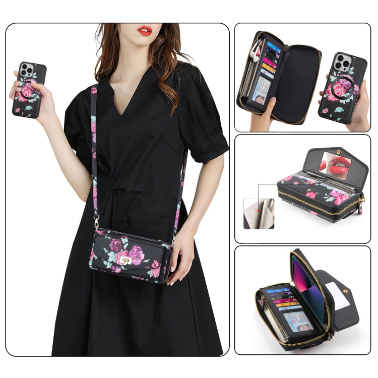 For iPhone 13 Pro Max Flower Multi-functional Crossbody Zipper Wallet MagSafe Leather Phone Case(Black) by bashfashion