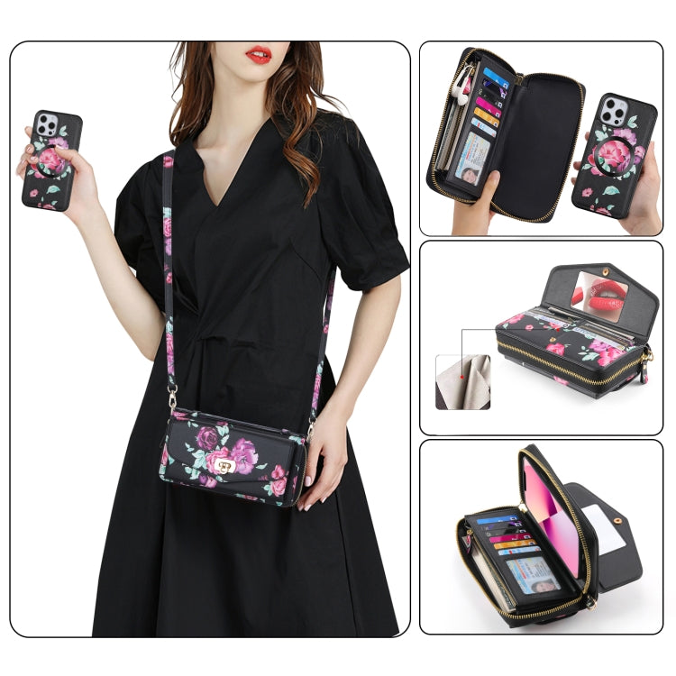 For iPhone 12 Pro Max Flower Multi-functional Crossbody Zipper Wallet MagSafe Leather Phone Case(Black) by bashfashion