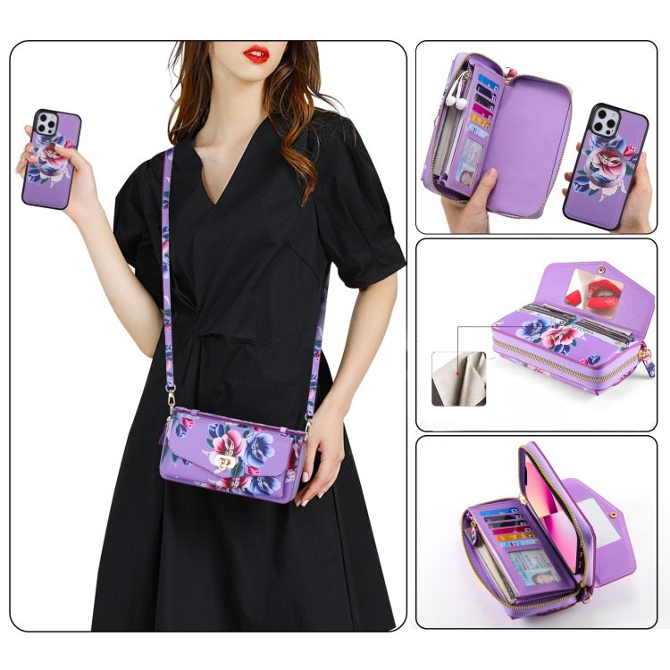 For iPhone 12 Pro Max Flower Multi-functional Crossbody Zipper Wallet MagSafe Leather Phone Case(Purple) by bashfashion