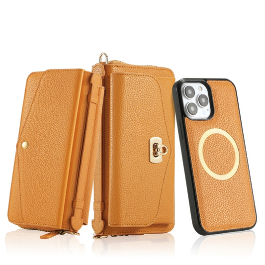 For iPhone 13 Pro Max MagSafe Crossbody Multi-functional Zipper Wallet Litchi Leather Phone Case(Orange) by bashfashion