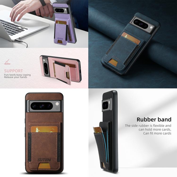 For Google Pixel 6a Suteni H03 Litchi Leather Card Bag Stand Back Phone Case(Purple) by Suteni