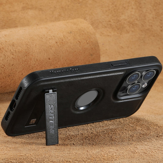 For iPhone 15 Pro Suteni G2 Magsafe Oil Wax Leather Back Phone Case with Holder(Black) by Suteni