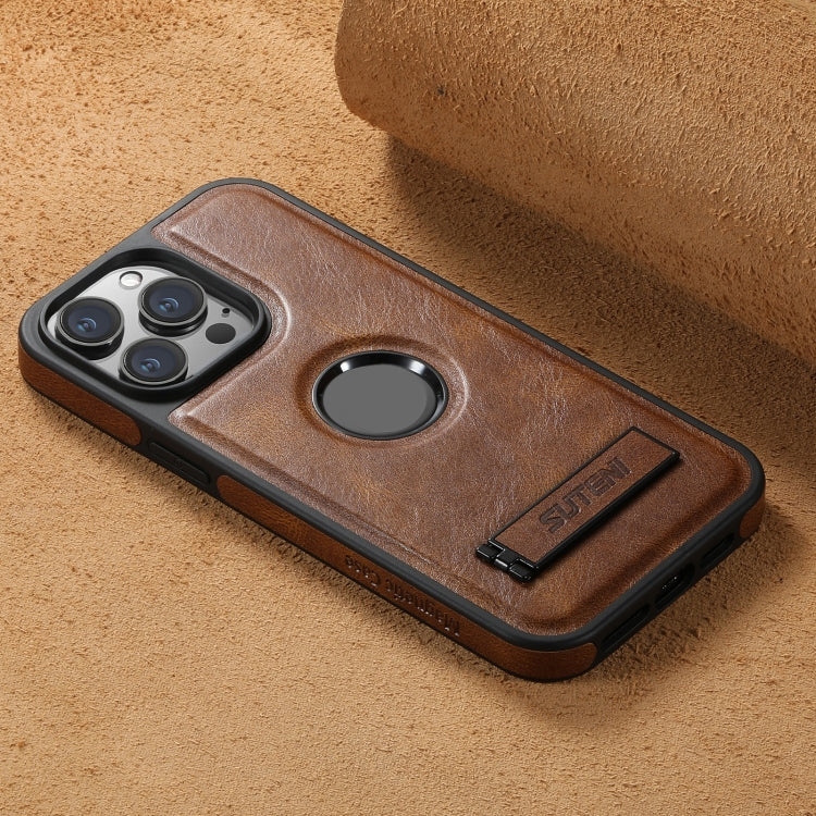 For iPhone 15 Pro Suteni G2 Magsafe Oil Wax Leather Back Phone Case with Holder(Brown) by Suteni