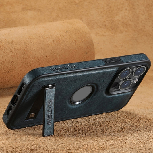 For iPhone 15 Suteni G2 Magsafe Oil Wax Leather Back Phone Case with Holder(Blue) by Suteni