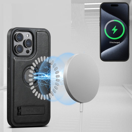 For iPhone 16 Suteni G2 Magsafe Oil Wax Leather Back Phone Case with Holder(Black) by Suteni