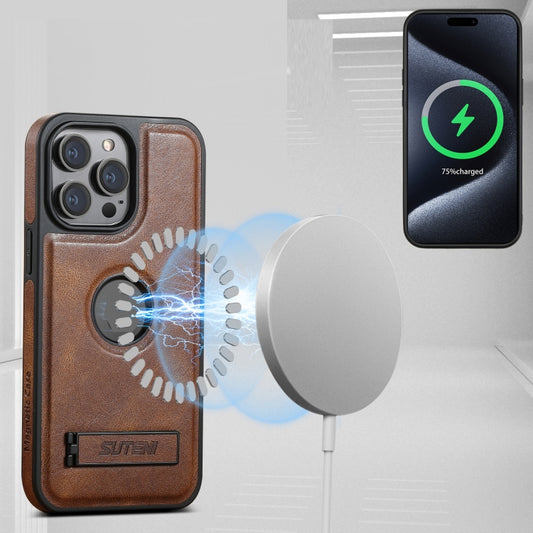 For iPhone 16 Suteni G2 Magsafe Oil Wax Leather Back Phone Case with Holder(Brown) by Suteni