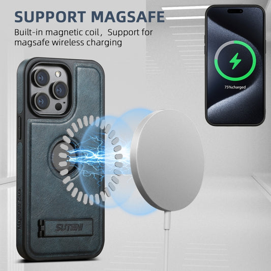 For iPhone 16 Suteni G2 Magsafe Oil Wax Leather Back Phone Case with Holder(Blue) by Suteni