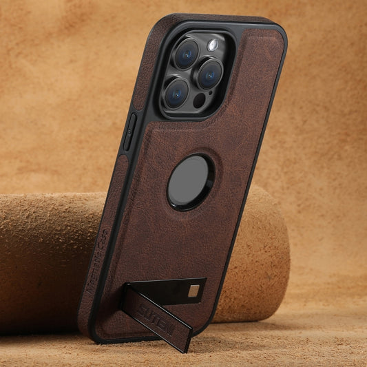 For iPhone 15 Plus Suteni G2 Magsafe Litchi Texture Leather Back Phone Case with Holder(Brown) by Suteni