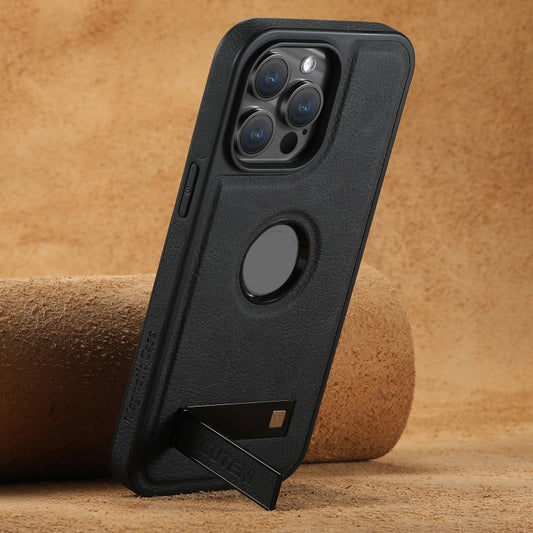 For iPhone 14 Pro Suteni G2 Magsafe Litchi Texture Leather Back Phone Case with Holder(Black) by Suteni