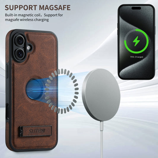 For iPhone 16 Suteni G2 Magsafe Litchi Texture Leather Back Phone Case with Holder(Brown) by Suteni