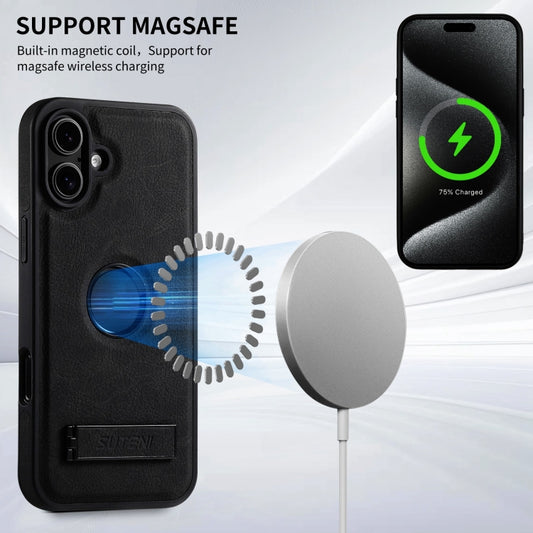 For iPhone 16 Plus Suteni G2 Magsafe Litchi Texture Leather Back Phone Case with Holder(Black) by Suteni