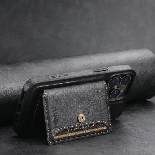 For iPhone 15 Suteni M1 Oil Wax MagSafe Detachable Horizontal Card Bag Phone Case(Black) by Suteni