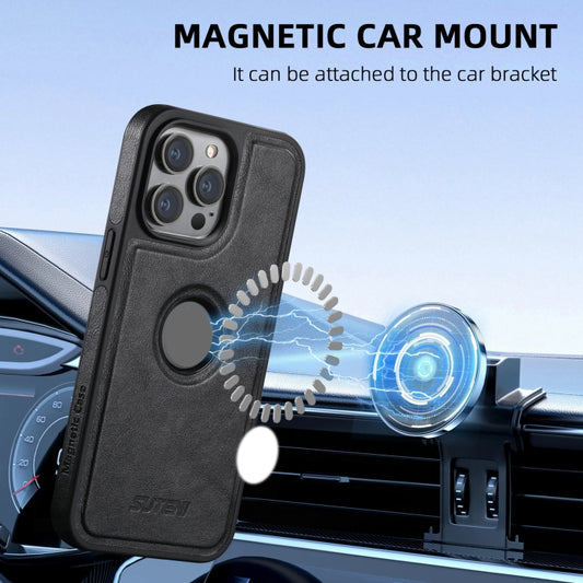 For iPhone 16 Plus Suteni M1 Oil Wax MagSafe Detachable Horizontal Card Bag Phone Case(Black) by Suteni
