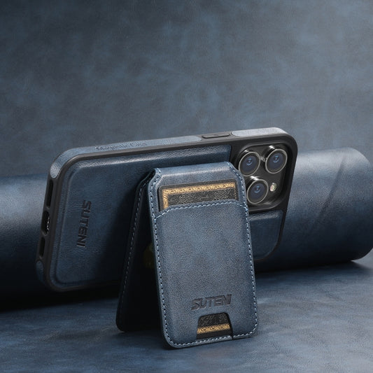 For iPhone 15 Suteni M2 Oil Wax MagSafe Horizontal Card Bag Phone Case(Blue) by Suteni
