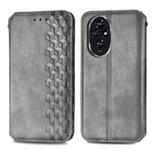 For Honor 200 Pro Cubic Grid Pressed Magnetic Leather Phone Case(Gray) by bashfashion