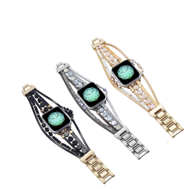 For Apple Watch Series 3 42mm Beaded National Style Bracelet Crystal Watch Band(Black) by bashfashion
