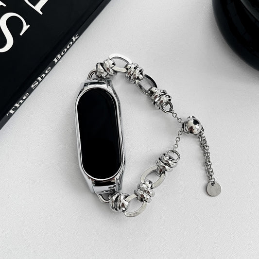For Xiaomi Mi Band 5 / 6 Beaded Bracelet Metal Watch Band(Silver+Dual Ring) by bashfashion