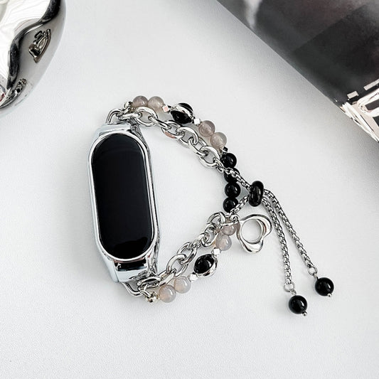 For Xiaomi Mi Band 7 Crystal Beaded Onyx Watch Band(Silver+Black Pearl) by bashfashion