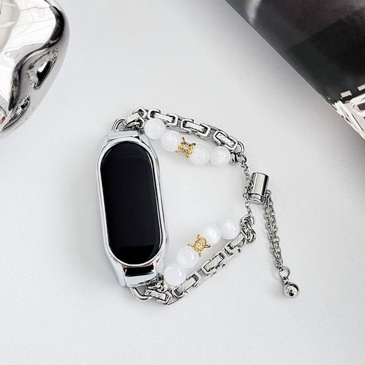 For Xiaomi Mi Band 5 / 6 Crystal Beaded Onyx Watch Band(Silver+Copper Collar) by bashfashion