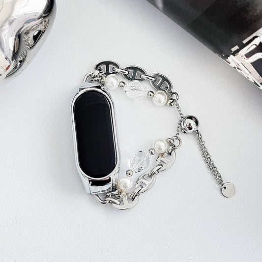 For Xiaomi Mi Band 3 / 4 Crystal Beaded Onyx Watch Band(Silver+Crystal Bead) by bashfashion
