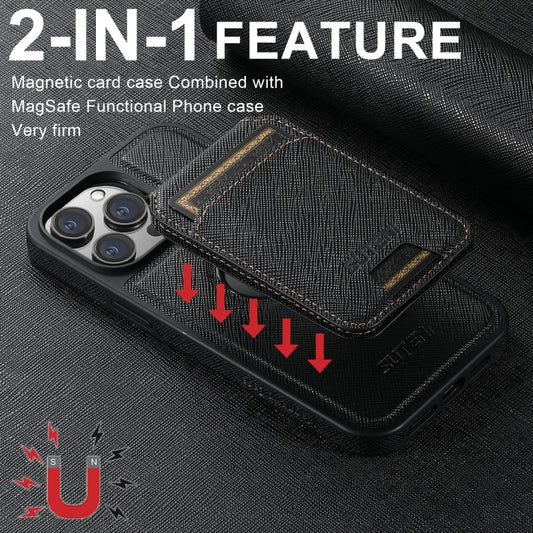 For iPhone 14 Plus Suteni M2 Cross-Grain MagSafe Vertical Card Back Phone Case(Black) by Suteni