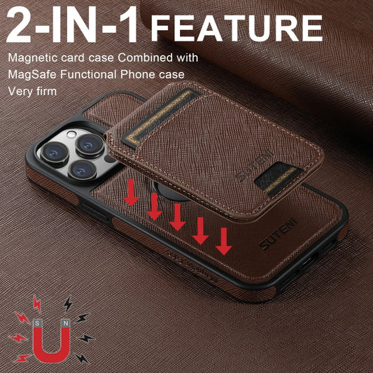 For iPhone 13 Suteni M2 Cross-Grain MagSafe Vertical Card Back Phone Case(Brown) by Suteni