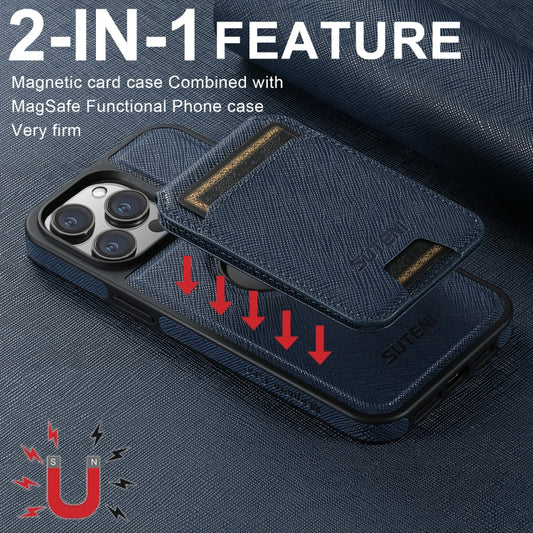 For iPhone 13 Suteni M2 Cross-Grain MagSafe Vertical Card Back Phone Case(Blue) by Suteni